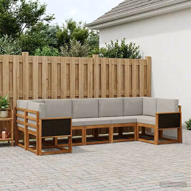 Set di divani da esterno vidaXL a forma di U composto da 7 pezzi in legno di acacia con cuscini in tessuto, colore marrone e grigio