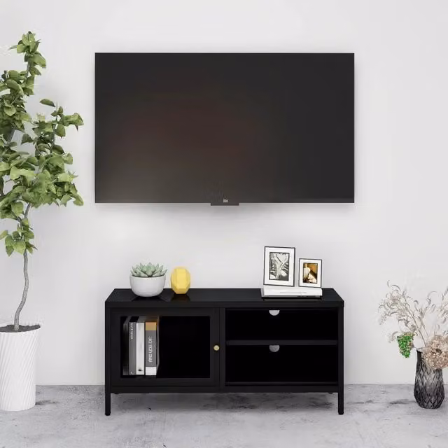 Mobile TV vidaXL Nero in Metallo, Vetro e MDF, L 90 x P 30 x H 44 cm – 1