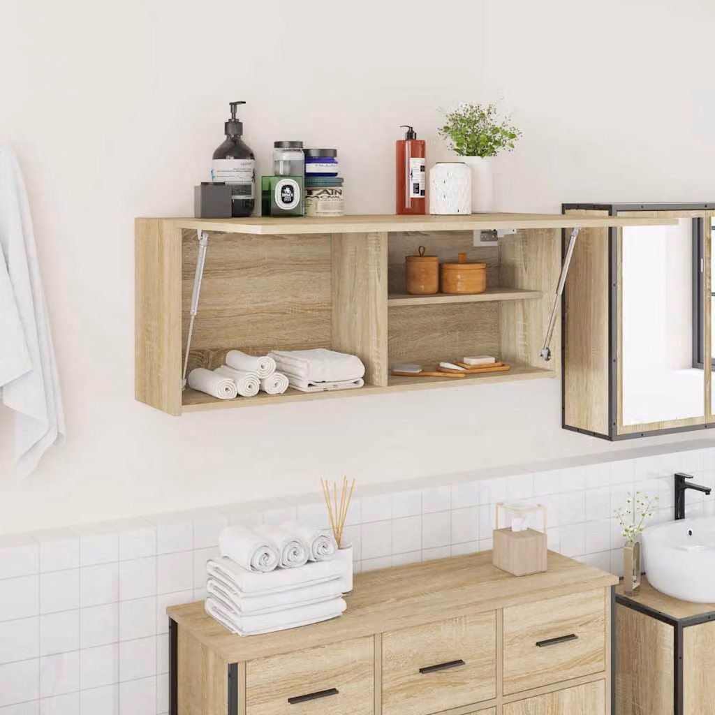 Mobile da bagno vidaXL in legno Rovere Sonoma marrone con ante a cerniera e ripiani interni, L 100 x P 25 x H 40 cm