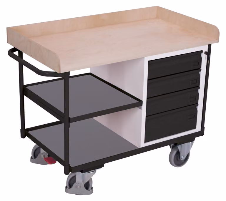 Carrello da officina VARIOfit con maniglia scorrevole, 4 cassetti e 3 ripiani portanti, dimensioni massime 1125x630 mm, colore grigio antracite RAL 7016