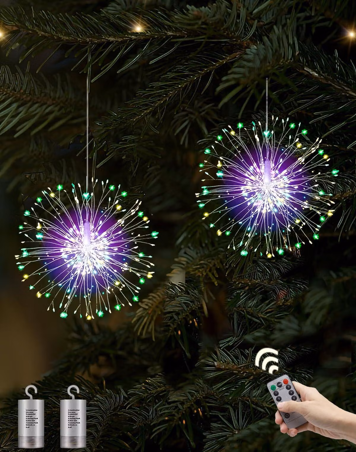 Set di 2 catene luminose, 180 LED, effetto fuochi d'artificio, luce bianco caldo, grado di protezione IP65