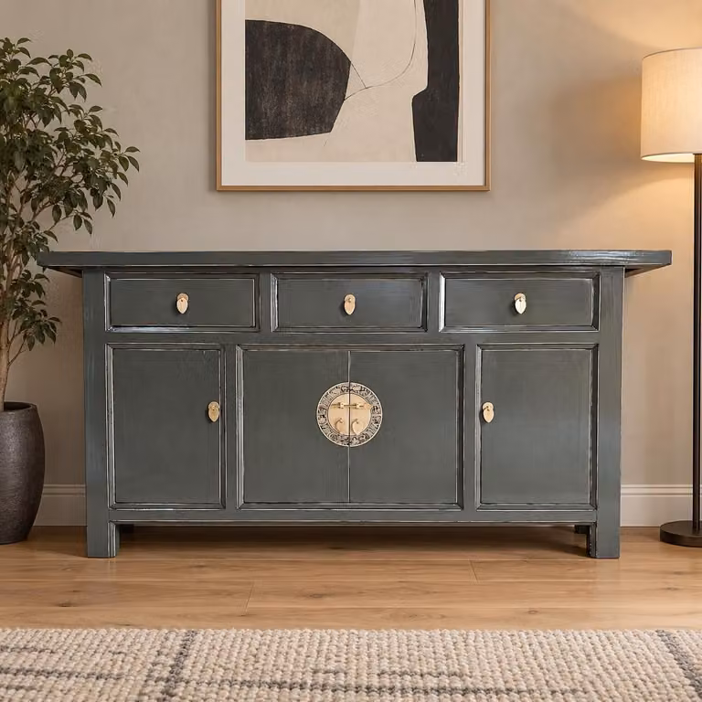 Mobiletto contenitore, credenza, basso mobile, stile asiatico, completo di montaggio, stile cinese, orientale, color grigio scuro, buffet, carrello di servizio, stile vintage