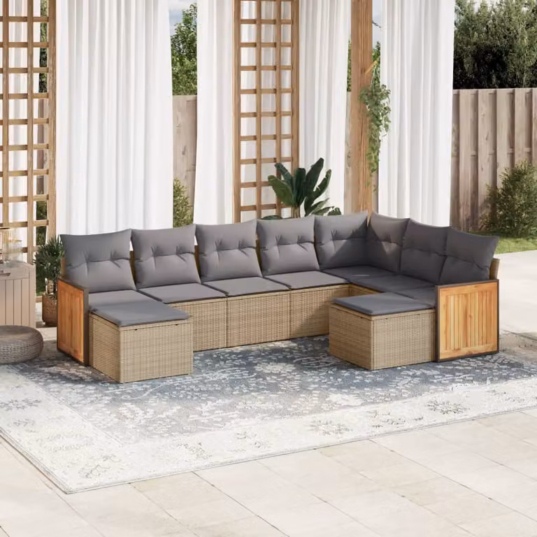 vidaXL Set Divano da Giardino 9 pz in Polyrattan con Cuscini Beige e Grigio e Struttura in Legno di Acacia