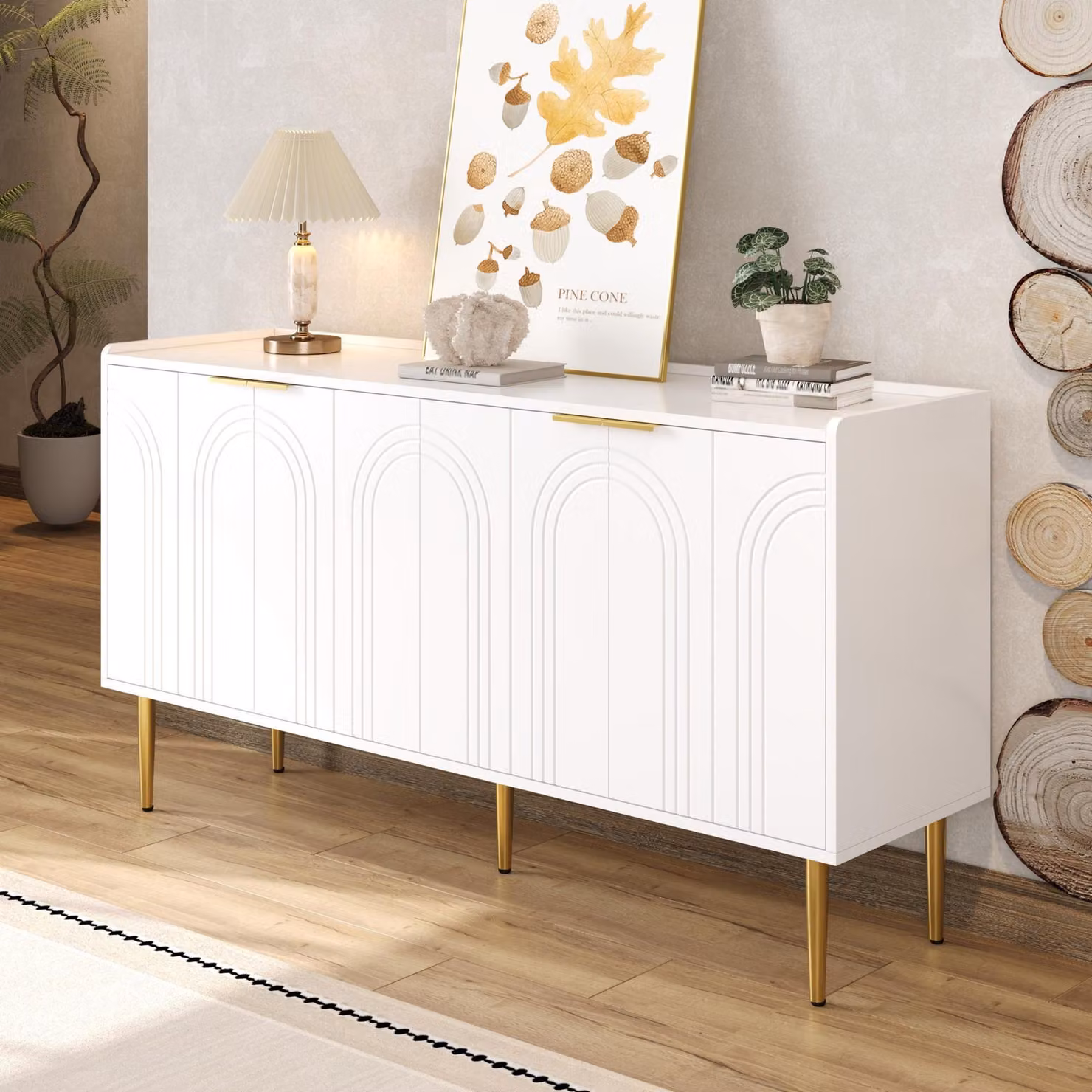 Credenza Merax con 4 ante e ripiani regolabili, credenza con ante ad arco e gambe in ferro dorato, cassettiera moderna bianca