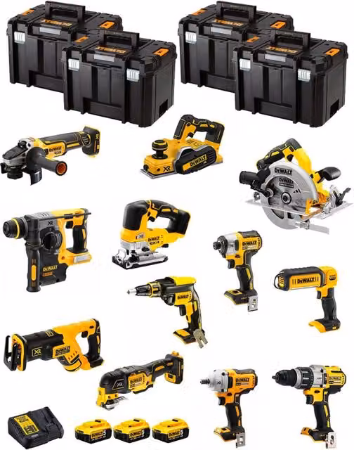 Kit utensili DeWALT DWK1201T giallo con avvitatore, trapano, seghetto, smerigliatrice e 3 batterie da 5,0Ah