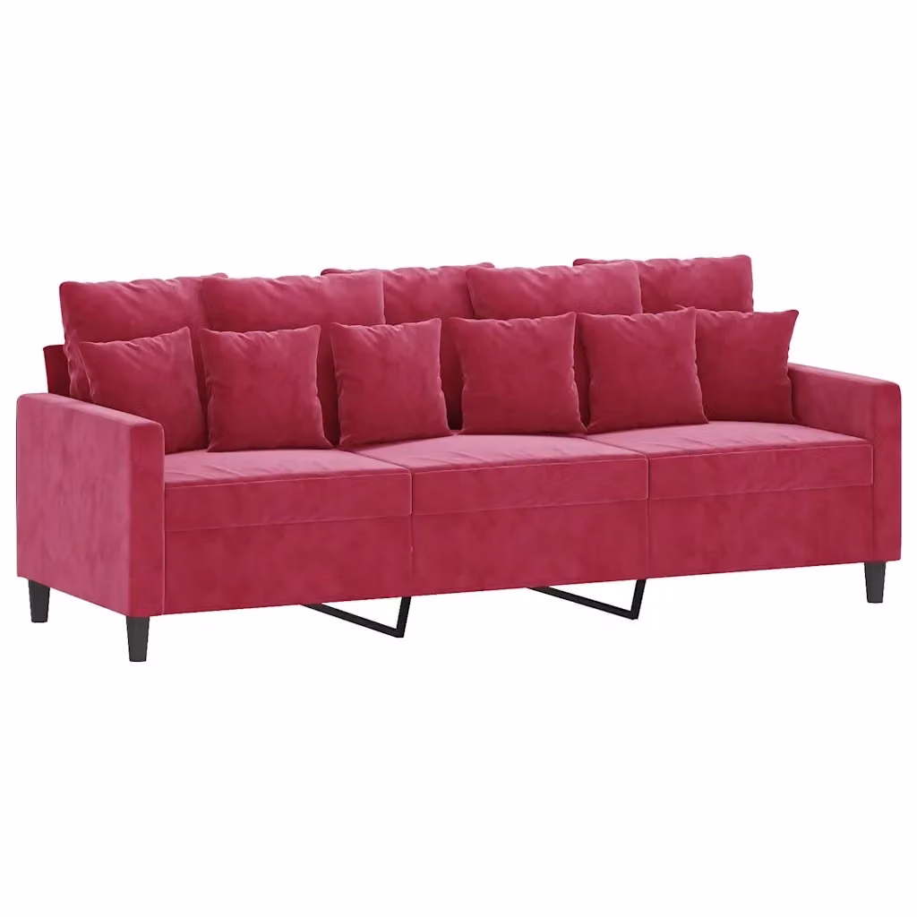 Divano a 3 posti moderno vidaXL in velluto rosso con cuscini inclusi L: 198 cm, P: 80 cm, H: 77 cm – 2