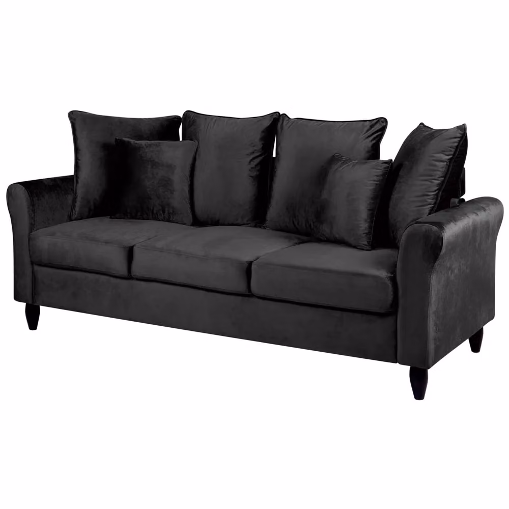 Divano a 3 posti Beliani in velluto nero con struttura in legno massello e cuscini rimovibili L: 197 cm, P: 76 cm, H: 79 cm – 2