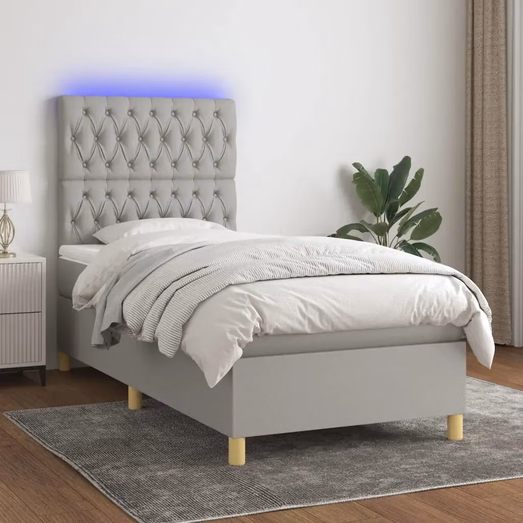 Letto singolo moderno con materasso ibrido e illuminazione LED, tessuto grigio chiaro e bianco, L 90 cm x P 200 cm – 2