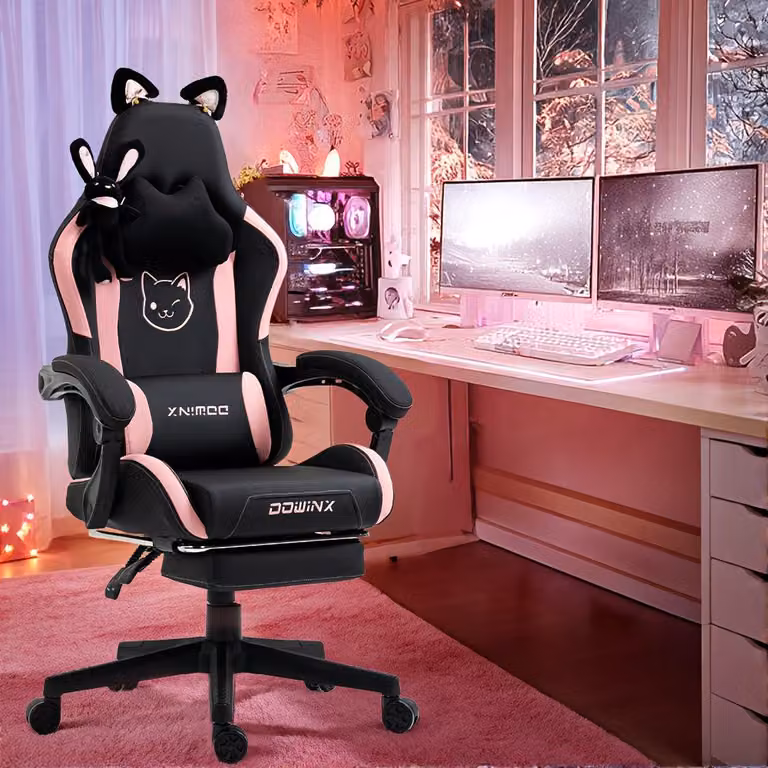 Sedia da gaming rosa - Sedia da ufficio - Sedia per gamer - Design kawaii - Ergonomica - Poggiapiedi regolabile - Peso massimo supportato: 136 kg