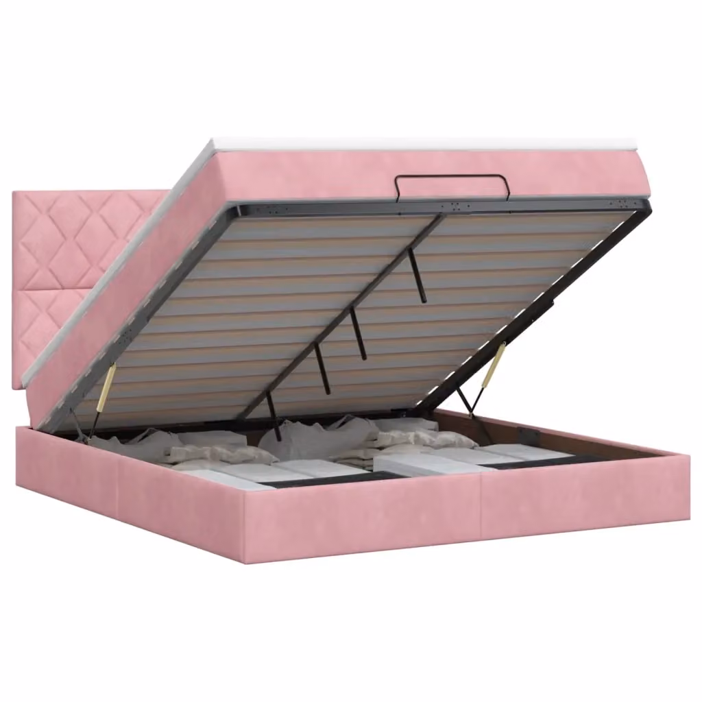 Letto ottomano con contenitore vidaXL in velluto rosa e bianco L/P/H: 203 x 180 x 88 cm – 2
