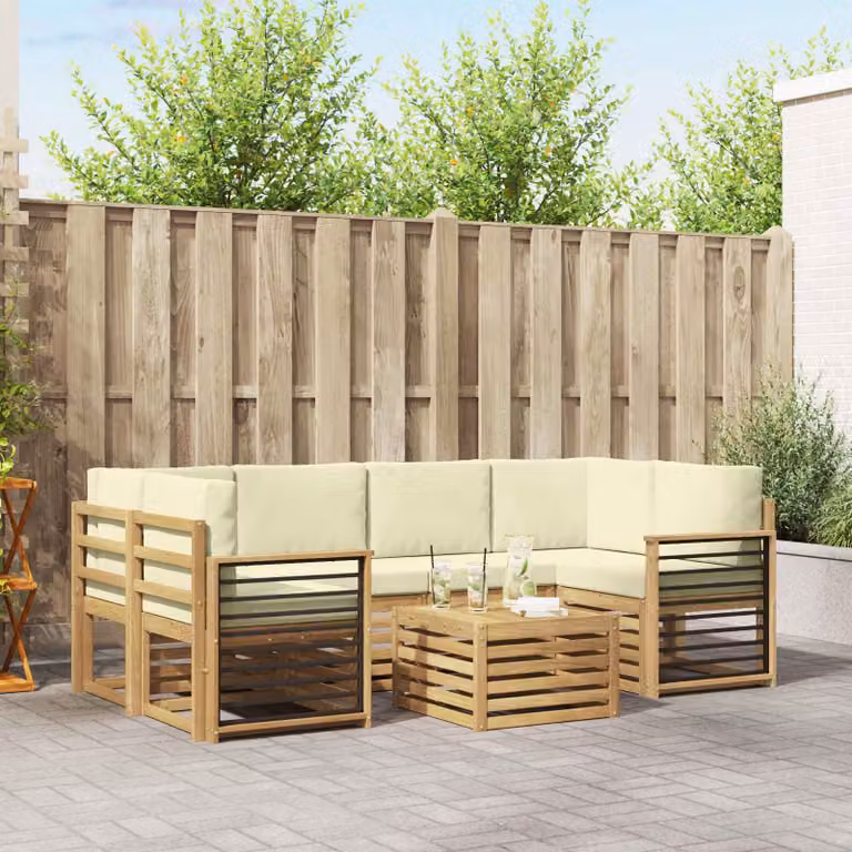 Set di divani da esterno vidaXL a forma di L in legno di acacia marrone e beige con cuscini inclusi