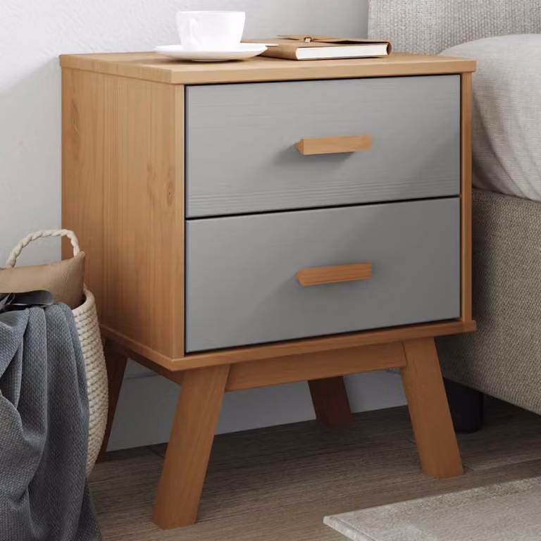 vidaXL Comodino OLDEN in Legno di Pino Massello, Grigio e Marrone, Stile Scandinavo, L: 39,0 cm, P: 45,0 cm, H: 57,0 cm