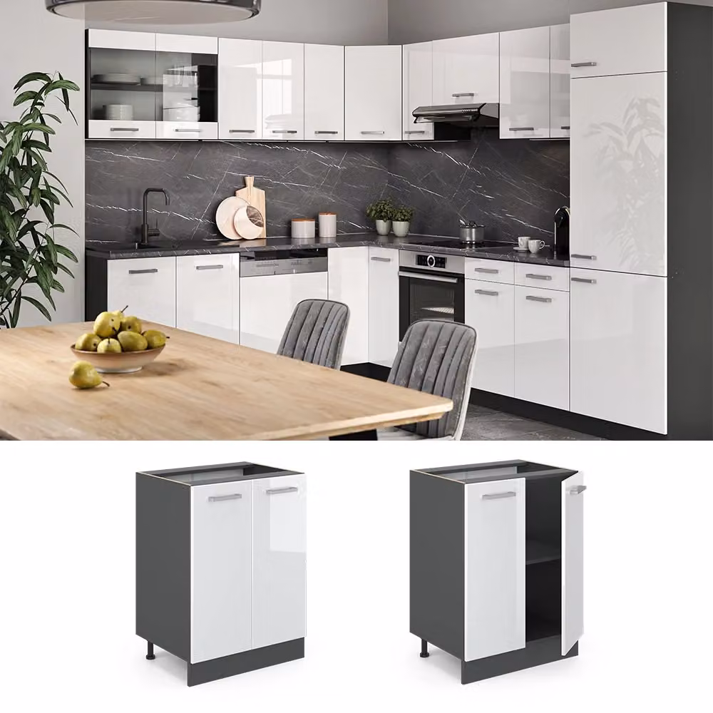 Mobiletto base cucina Vicco R-Line Bianco lucido e Antracite con ante a battente, L: 60 cm, H: 81,6 cm, P: 60 cm – 2