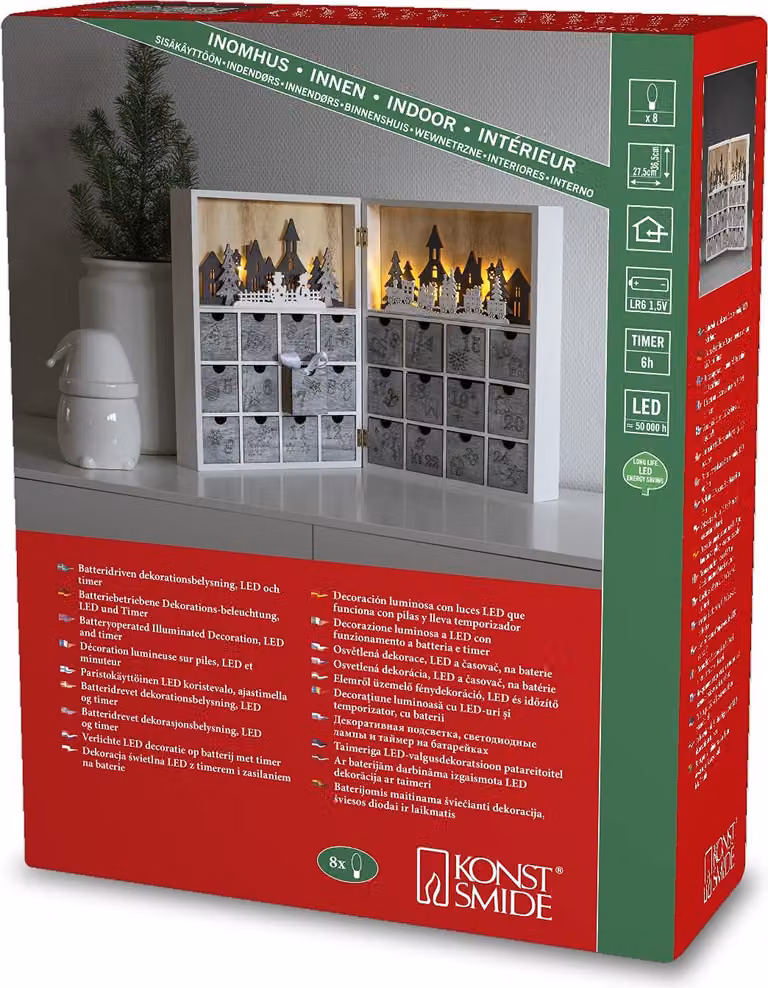 Calendario dell'Avvento con 24 cassetti, realizzato in legno, con luci LED bianco caldo e alimentato a batteria