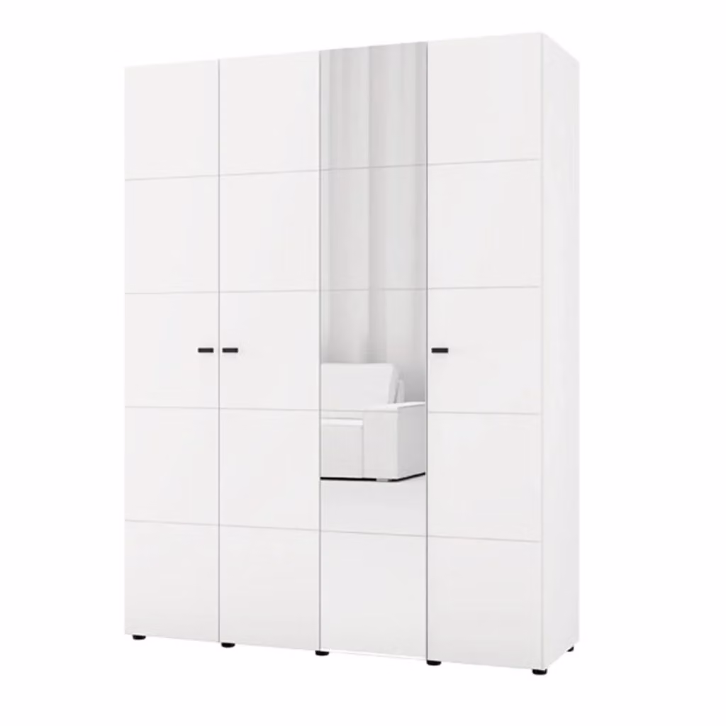 Armadio da camera da letto DMORA con ante a battente e specchio, Bianco Opaco, L: 155 cm, H: 208 cm – 2