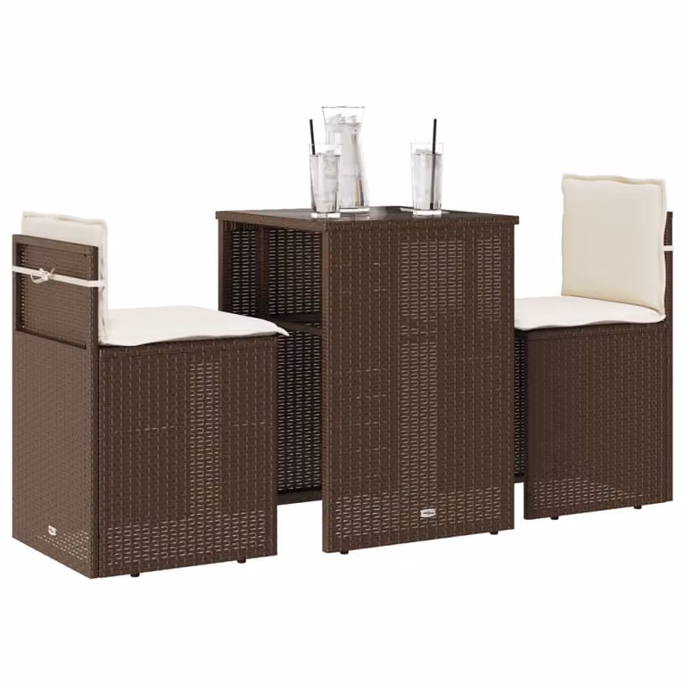 Set Bistrò vidaXL da 3 pezzi in Polyrattan Marrone con Cuscini Bianchi e Tavolo in Vetro per Giardino e Terrazzo