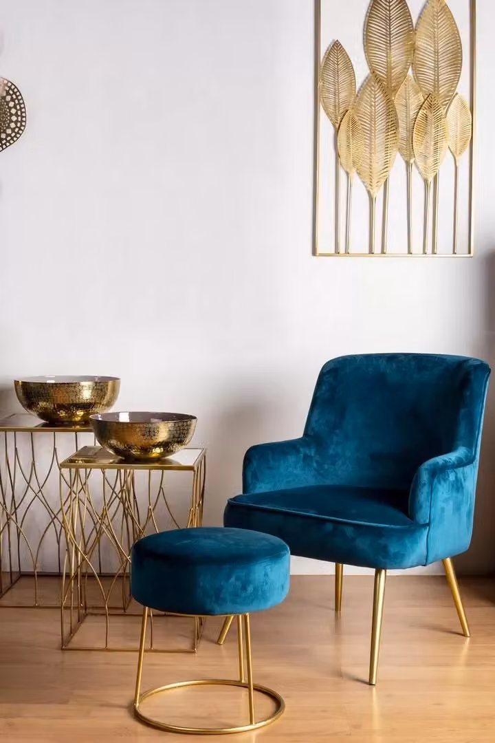 Poltrona Victoria Bizzotto in Velluto Blu con Braccioli e Gambe in Acciaio Dorato – 3