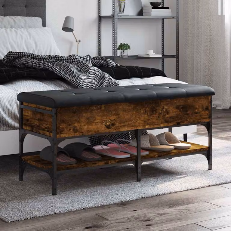 Panca porta scarpe vidaXL in legno e metallo stile industrial, colore rovere fumo e nero, L: 102 cm, P: 42 cm, H: 45 cm