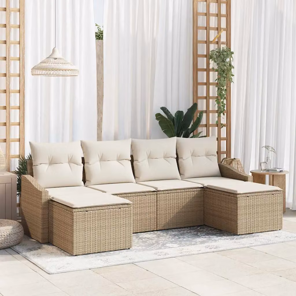 Set di divani da giardino vidaXL in polyrattan beige con cuscini e tavolino da esterno 6 pezzi – 1