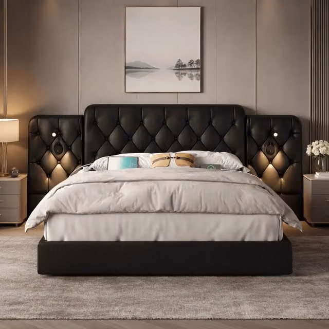 Letto matrimoniale con contenitore 160x200 cm in pelle PU nera; testiera allungata; USB e luci da lettura