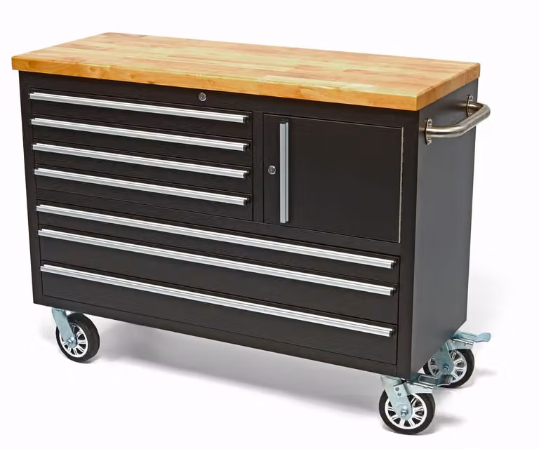 Carrello da officina 7 cassetti con pannello in legno - Nero