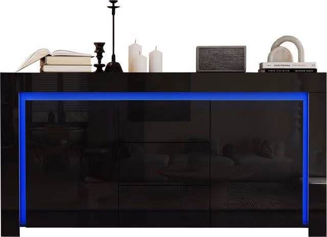 Credenza Nera Lucida 140 cm Mobile Soggiorno con LED 3 Cassetti 2 Ante in MDF
