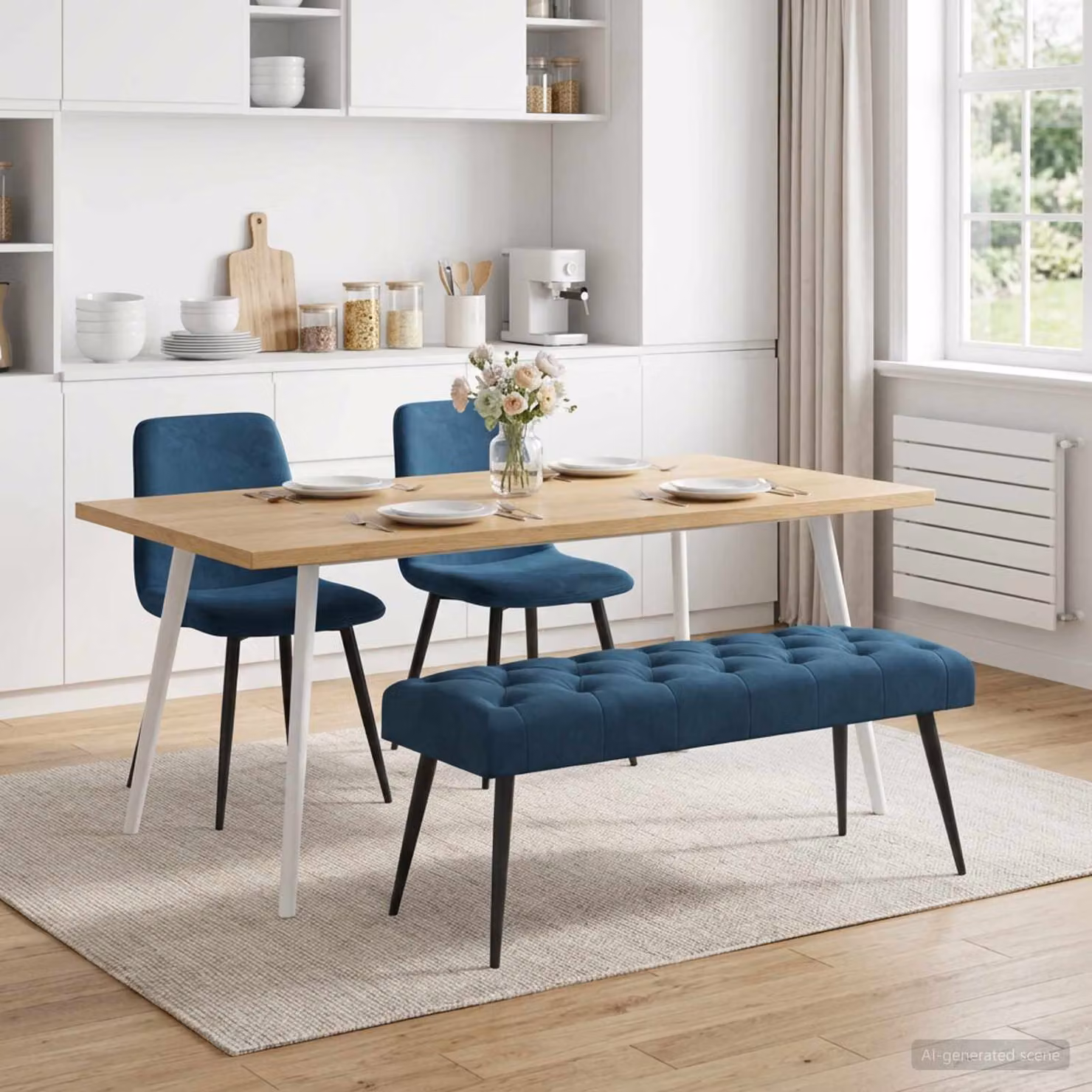 Panchina moderna vidaXL in velluto blu con bottoni imbottiti, L 110 x P 40 x H 46 cm