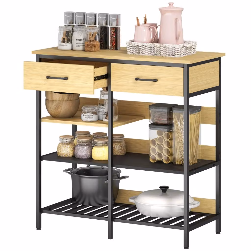 Cassettiera Minimal con 2 cassetti e 3 ripiani aperti per cucina e soggiorno, legno naturale e metallo, L 90 cm x P 40 cm x H 91 cm – 2