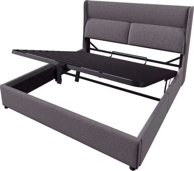 Letto matrimoniale imbottito 160x200 cm con testiera regolabile, struttura idraulica con contenitore, tessuto lino grigio, rete a doghe in metallo (senza materasso)