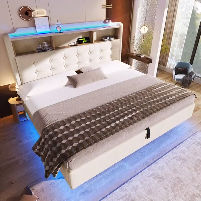 Letto matrimoniale imbottito 180 × 200 cm con vano idraulico LED USB e tipo C in lino e MDF beige