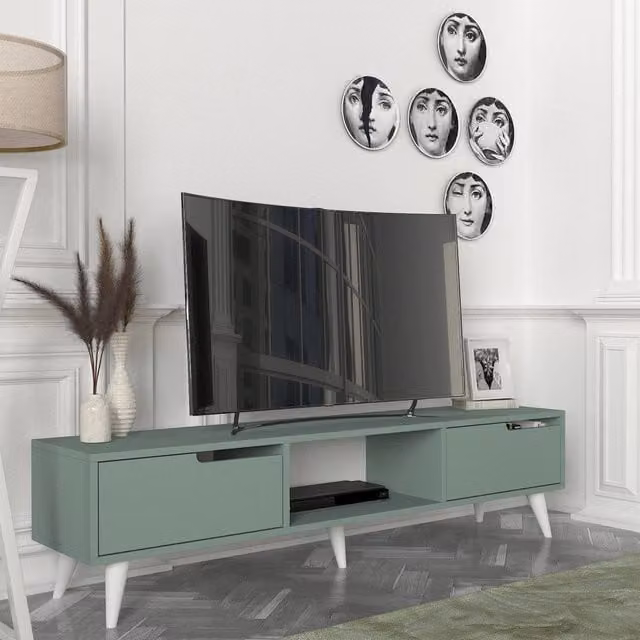 Mobile TV Kullila en.casa con vano centrale aperto e ante a ribalta, Verde e Bianco, L: 160 cm, P: 40 cm, H: 35 cm