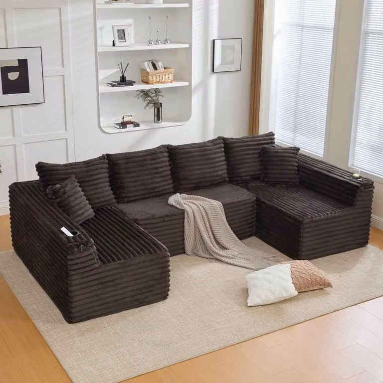 Divano a L in velluto a coste, 6 posti, con portabevande e tasche laterali, molle, ergonomico, 4 cuscini per lo schienale, 2 cuscini decorativi, soggiorno, marrone