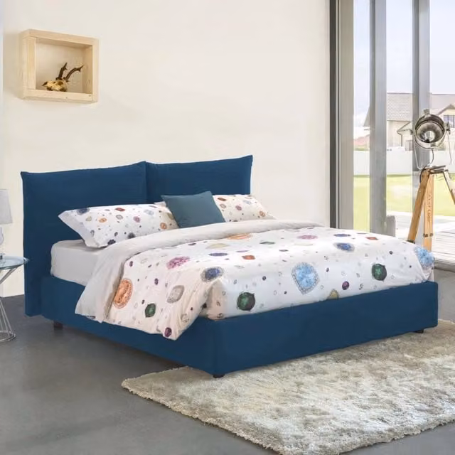 Letto Matrimoniale Arpino Talamo Italia con Materasso in Schiuma e Base Contenitore Alzabile, Blu, 160x200 cm