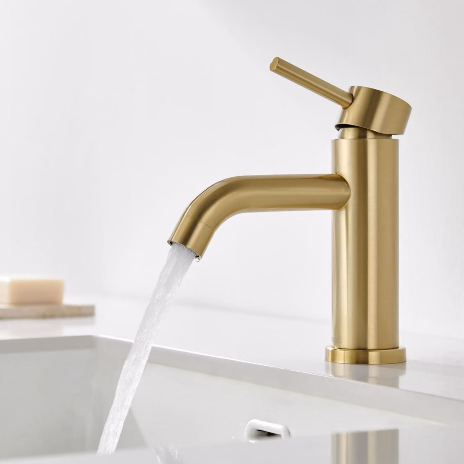 Miscelatore monocomando per lavabo da bagno, finitura oro spazzolato, altezza del beccuccio: 77 mm