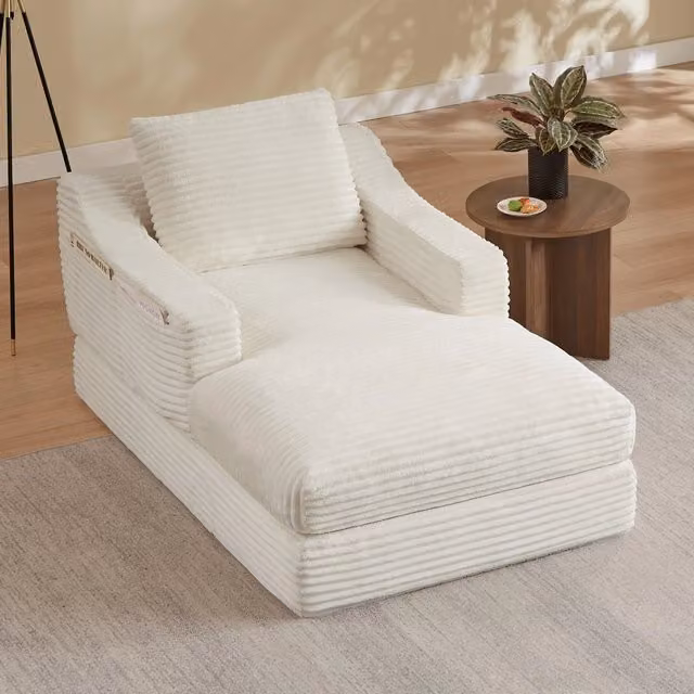 Poltrona reclinabile, poltrona con braccioli, divanetto singolo, velluto a coste, funzione letto, con cuscini, bianco