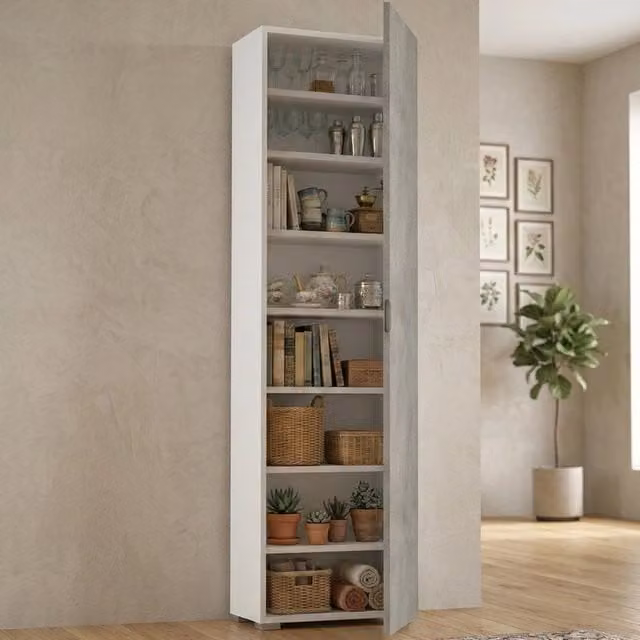 Armadio Multiuso Abuela DMORA con 1 Anta e 7 Ripiani, Made in Italy, Grigio e Bianco, L: 50 cm, P: 30 cm, H: 182 cm