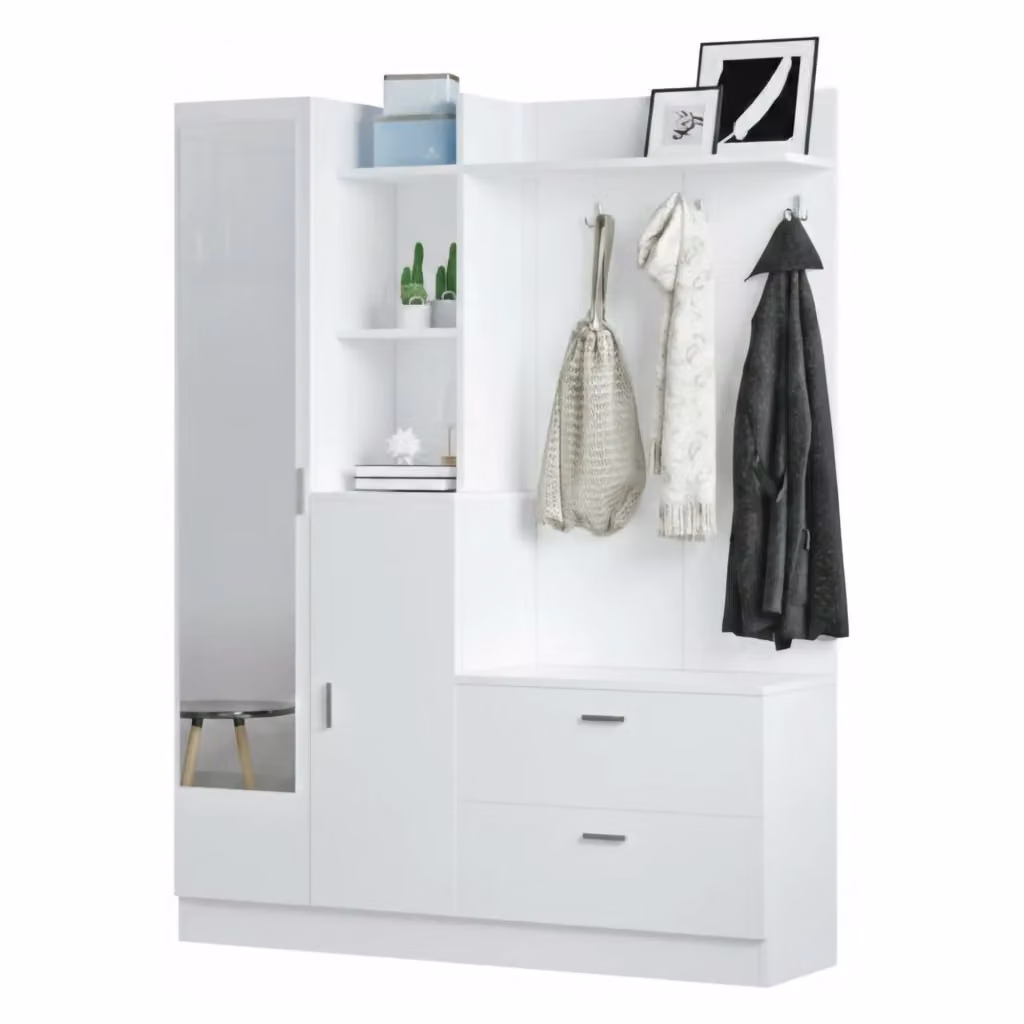 Mobile da ingresso Anumali DMORA con specchio e appendiabiti, Consolle multifunzione per atrio, L: 140 cm, P: 36,8 cm, H: 181,8 cm, Bianco – 2