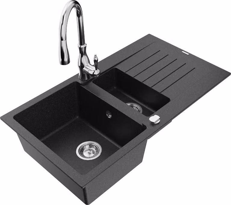 Mexen Matias lavello in granito 1,5 vasca con scolapiatti e rubinetto cucina Savita, nero/argento - 6502-73-672601-00