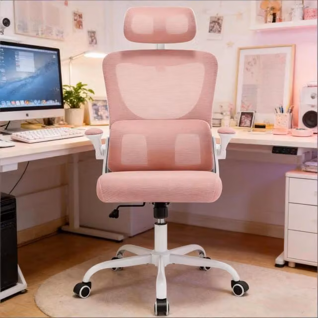 Sedia da gaming e ufficio ergonomica in tessuto rosa con poggiatesta, braccioli e base girevole multi-direzionale