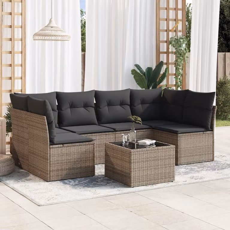 Set di Divani da Giardino vidaXL 7 Pezzi con Tavolino in Polyrattan e Cuscini Grigio con Struttura in Acciaio
