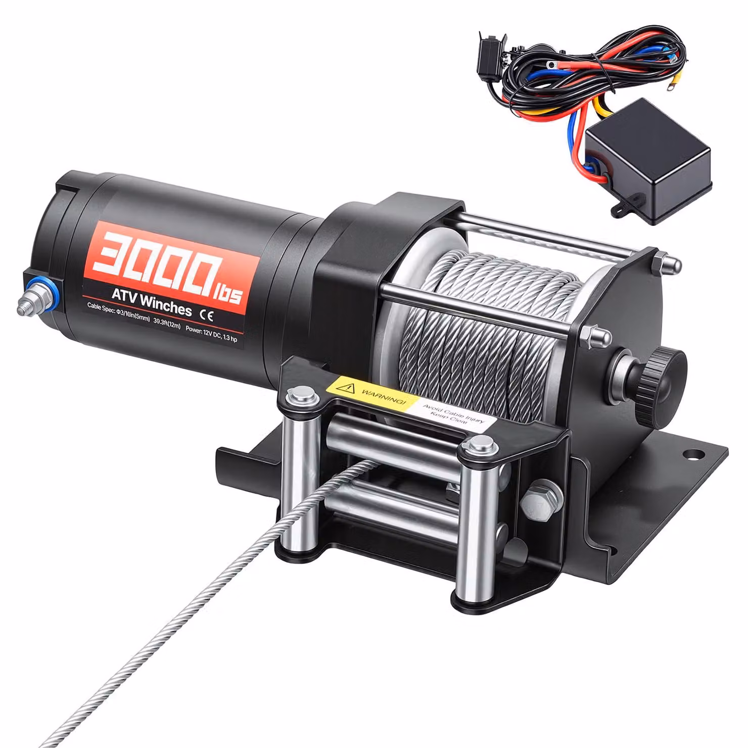 SucceBuy Verricello elettrico da 1360 kg, verricello con motore a 12 V CC, cavo d'acciaio da Φ4,7 mm x 12 m e telecomando con cavo, IP55, alloggiamento in alluminio, verricello elettrico per ATV, nero