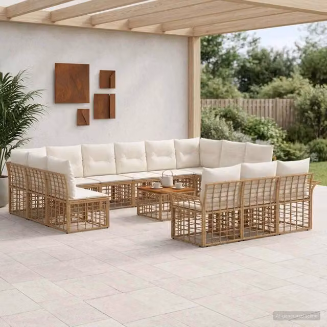 Set di divani da esterno vidaXL a 13 posti in stile rustico con struttura in metallo e cuscini inclusi, colori beige, bianco e marrone – 1