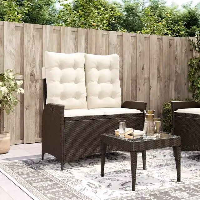 Panca Reclinabile da Giardino Design Mania in Polyrattan Marrone con Cuscini e Braccioli