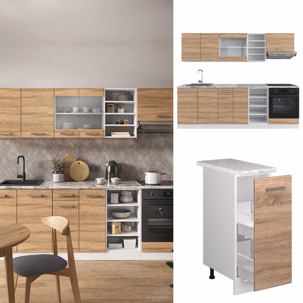 Cucina componibile moderna R-Line Vicco, colore Bianco e Rovere, L: 240 cm – 2