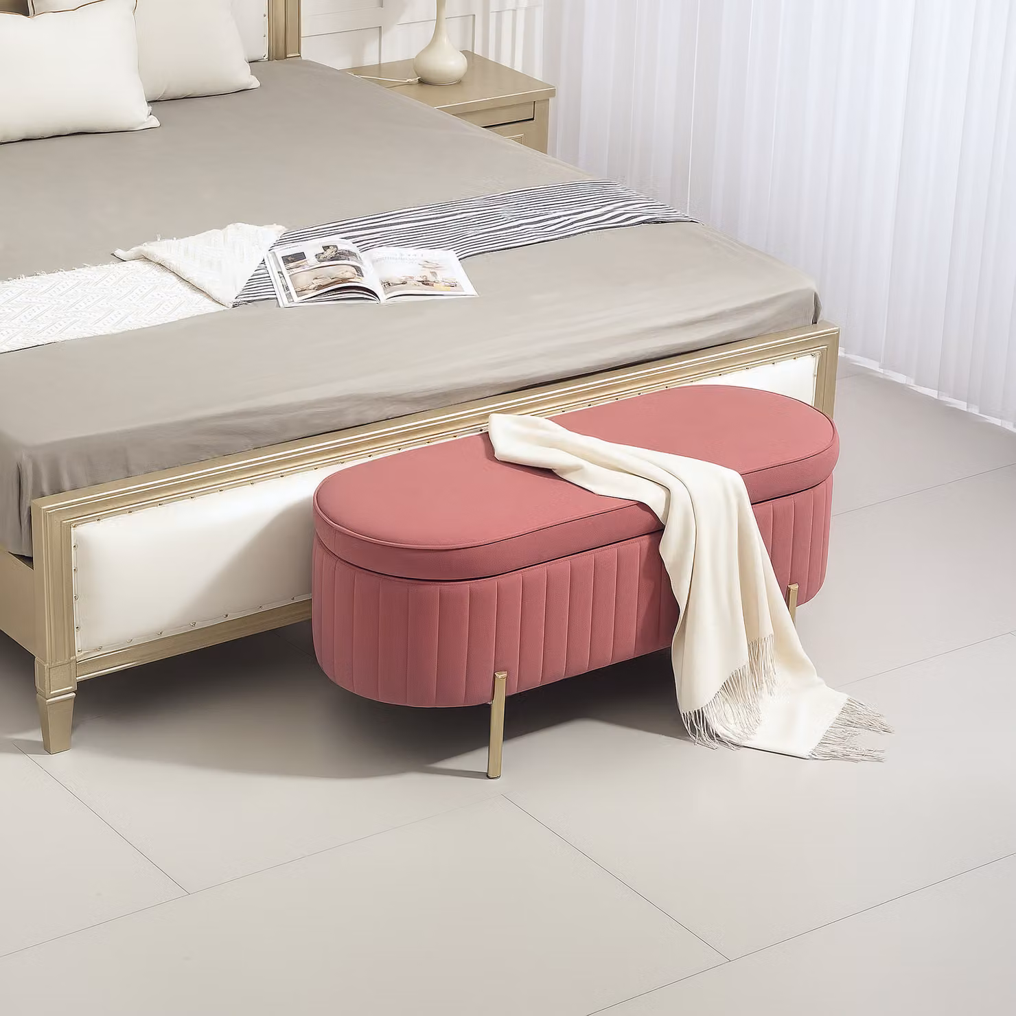 Panca contenitore ovale in velluto rosa con coperchio HOMCOM L: 108 cm, P: 44 cm, H: 43,5 cm – 2
