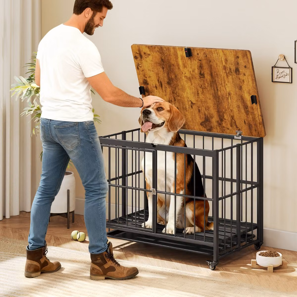 Cuccia pieghevole per cani Costway con vassoio rimovibile e struttura in metallo nero opaco, ideale come tavolino decorativo per interni