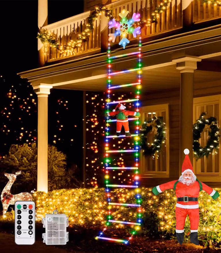 Catena luminosa a LED a forma di scala, lunghezza 3 metri, con decorazioni a tema natalizio (Babbo Natale), 295 LED, 8 modalità di illuminazione