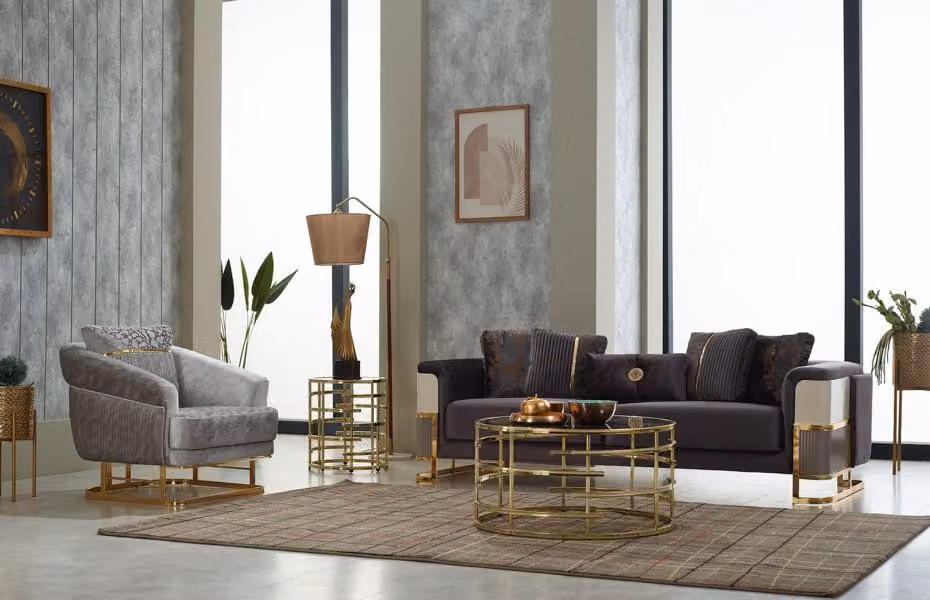 Komplette Couchgarnitur Polstersofa Dreisitzer Sessel Lila Stoffsofa