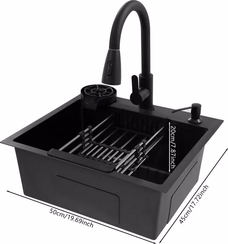 Lavello da cucina, design rettangolare, con rubinetto estraibile, nero