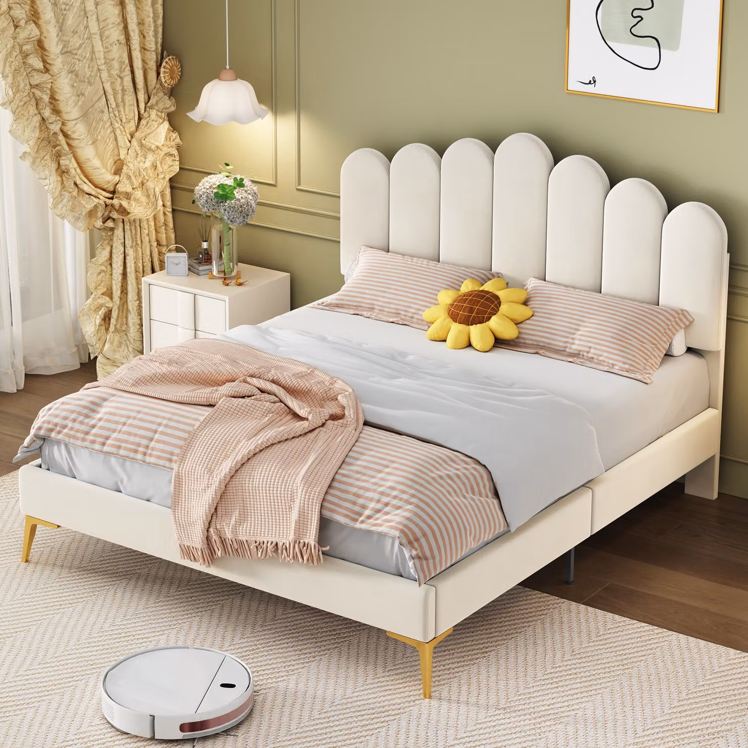 Letto imbottito Merax 140x200cm con testata a forma di dita e rete a doghe, letto matrimoniale con testata regolabile in altezza e rivestimento in velluto in beige